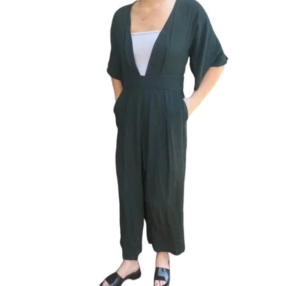 Olivaceous Pants - OLIVACEOUS Deep Green V Front & Back Pantsuit Jumpsuit - large